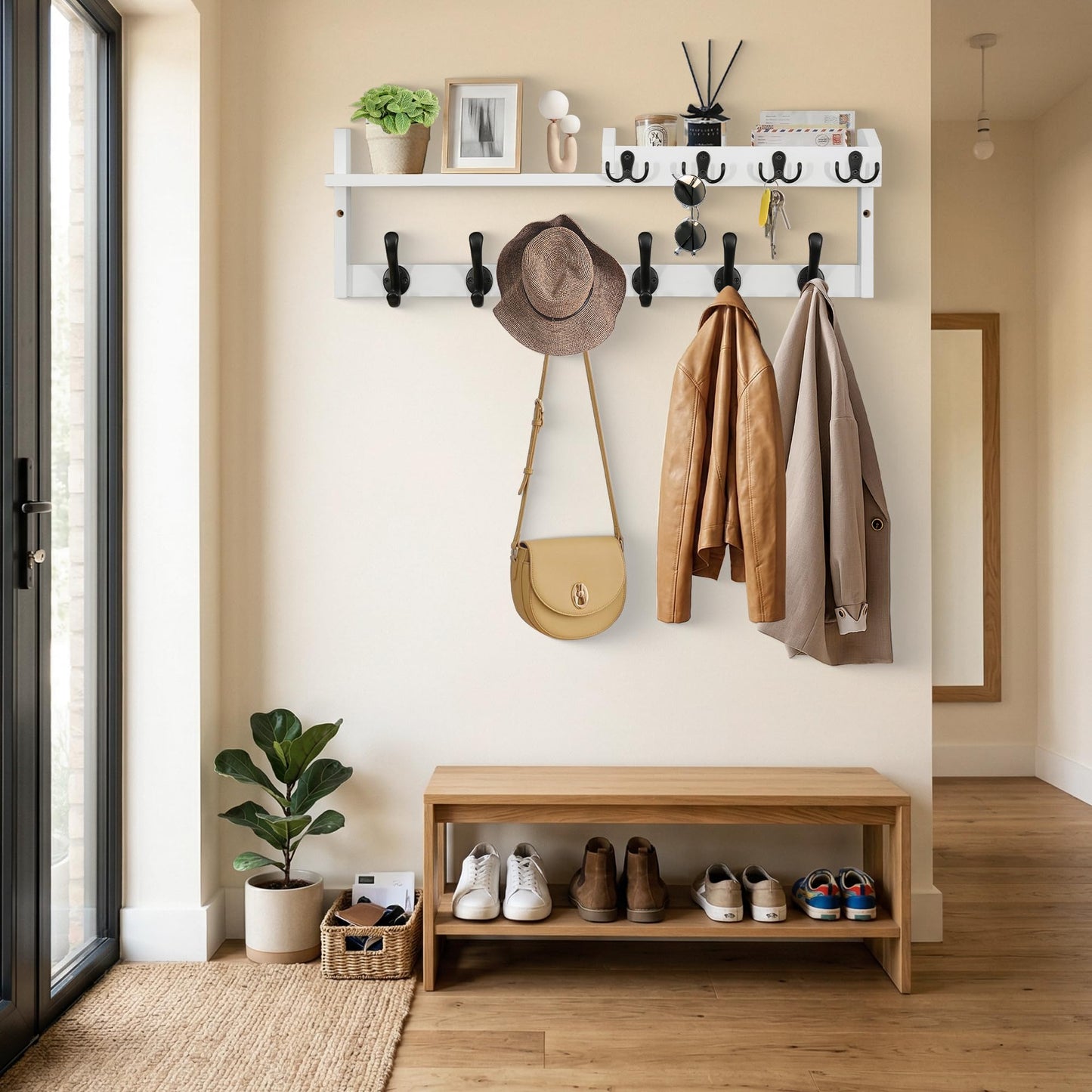 GODDGITT Coat Rack Wall Mount with Shelf, 27.5" Entryway Wall Hanging Shelf, Coat and Key Hanger with 10 Dual Hooks, Mail Organizer and Key Holder Hat Rack for Wall, Wood Coat Hooks with Storage