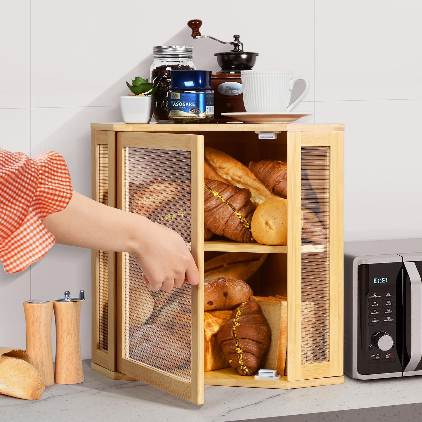 Ollieroo Bread Box,Bamboo Bread Container,Double Layer Large Capacity Storage Bins,Kitchen Countertop Bread Box,Bread Saver with Acrylic Wavy Door Panel,Bamboo,Extra Large