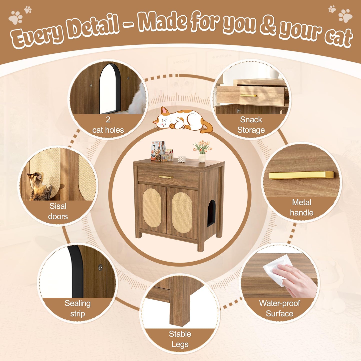 Hidden Cat Litter Box Enclosure Furniture with Scratching Board Doors and Storage Drawer, Wooden Washroom Cat House Cabinet Side Table Nightstand for Living Room, Espresso