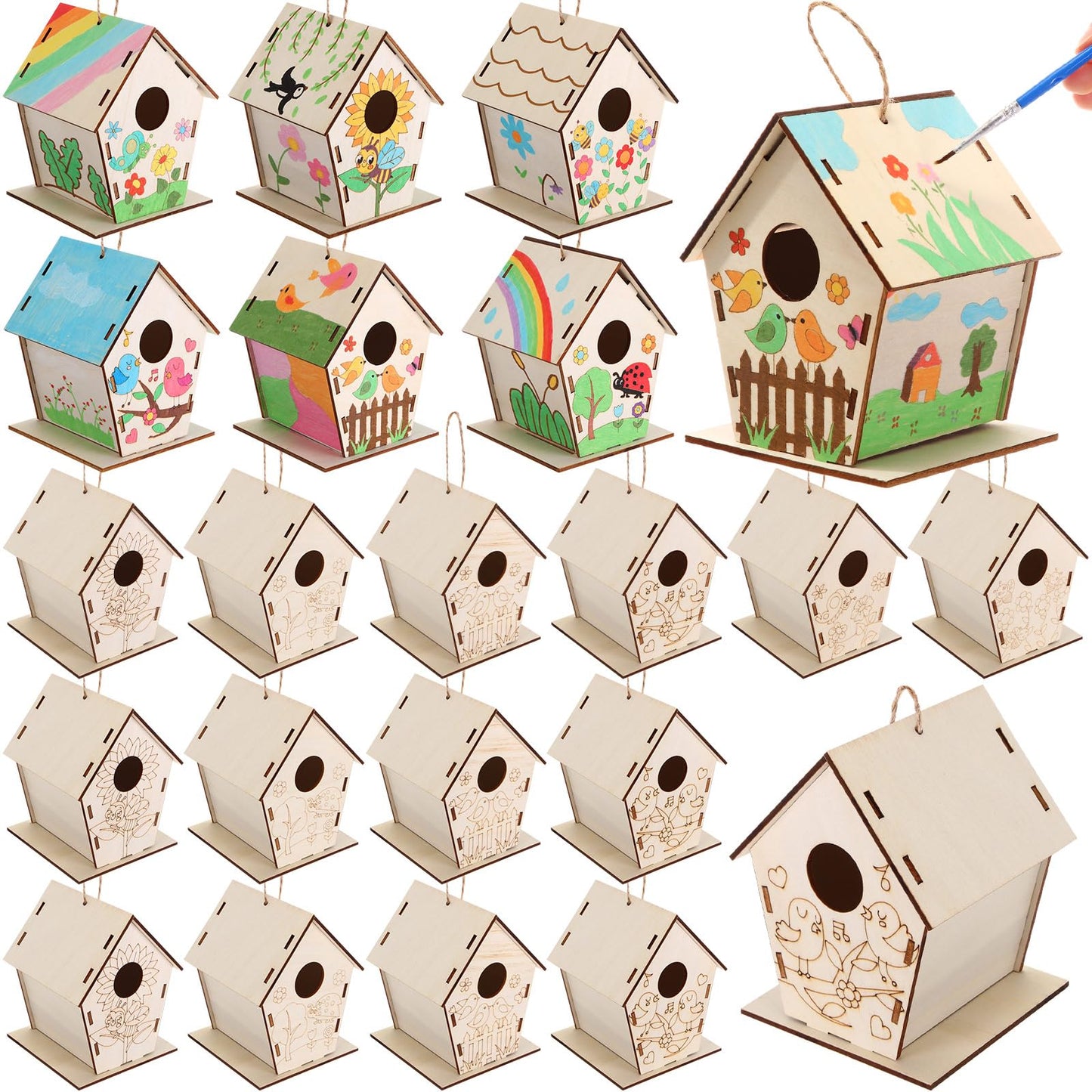 DoubleFill 24 Pack Wooden Bird House Bulk for Kids Birdhouse Kit Wood Houses for DIY Unfinished Hanging Birdhouse Kits, Wooden Craft Houses to Paint Family Camping Summer Crafts