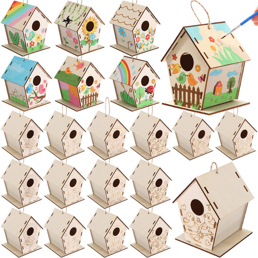 DoubleFill 24 Pack Wooden Bird House Bulk for Kids Birdhouse Kit Wood Houses for DIY Unfinished Hanging Birdhouse Kits, Wooden Craft Houses to Paint Family Camping Summer Crafts