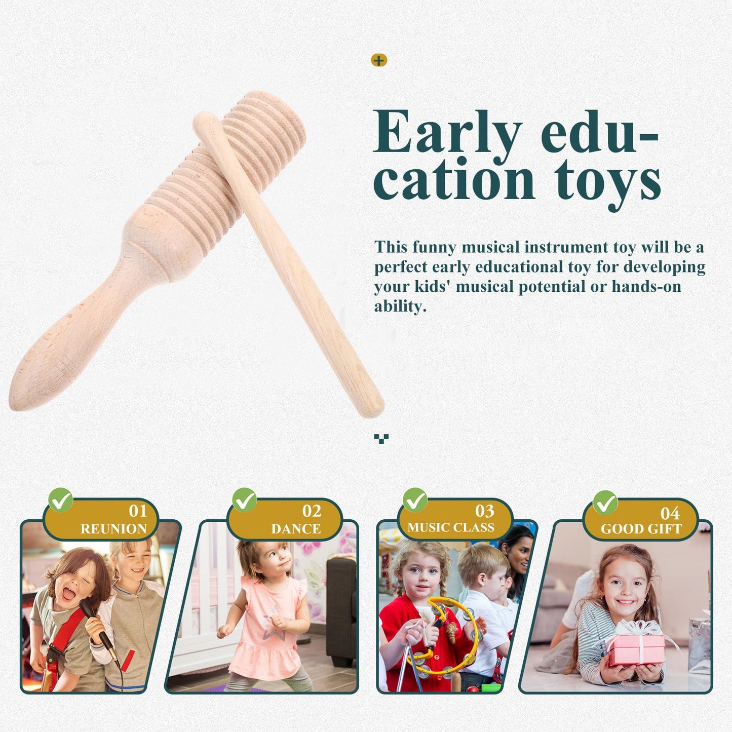 Kisangel 4pcs Kids Wood Guiro Percussion Musical Instruments, Educational Wooden Toddler Instruments for Early Learning and Play