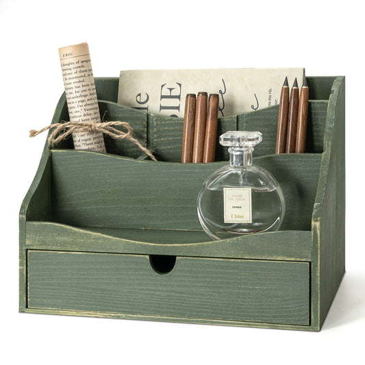 Rebee Vision Pine Wood Mail Organizer for Desk - Charming Farmhouse Mail Holder Organization with Drawer & Dividers - 4-Slot for File & Jewelry Sorter, Mail Organizer Countertop for Home Decor(Green)