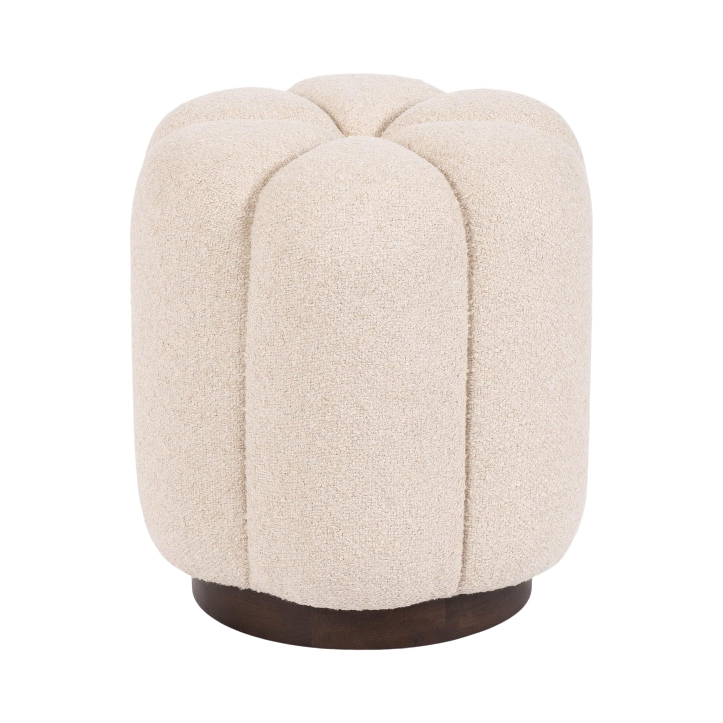 Kate and Laurel Lucida Round Upholstered Ottoman with Mango Wood Base, 16 x 16 x 18, Soft White and Dark Brown, Modern Scalloped Boucle Ottoman Foot Rest for Apartment or Living Room Decor
