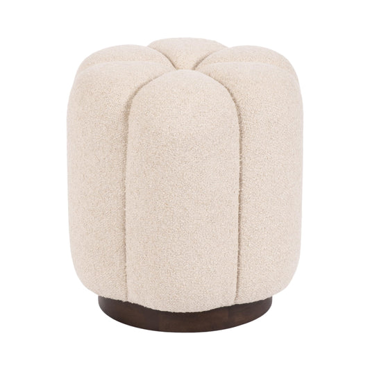 Kate and Laurel Lucida Round Upholstered Ottoman with Mango Wood Base, 16 x 16 x 18, Soft White and Dark Brown, Modern Scalloped Boucle Ottoman Foot Rest for Apartment or Living Room Decor