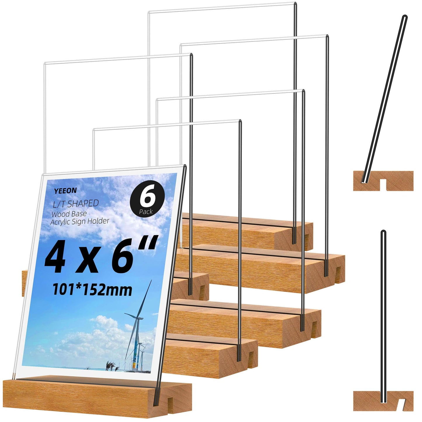 YEEON 4x6 Inch Acrylic Sign Holder with Wooden Base, Desktop Display Stand (4x6 6Pack)