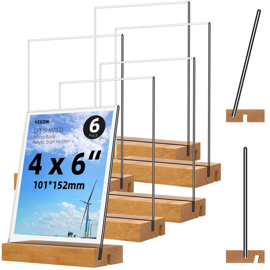 YEEON 4x6 Inch Acrylic Sign Holder with Wooden Base, Desktop Display Stand (4x6 6Pack)