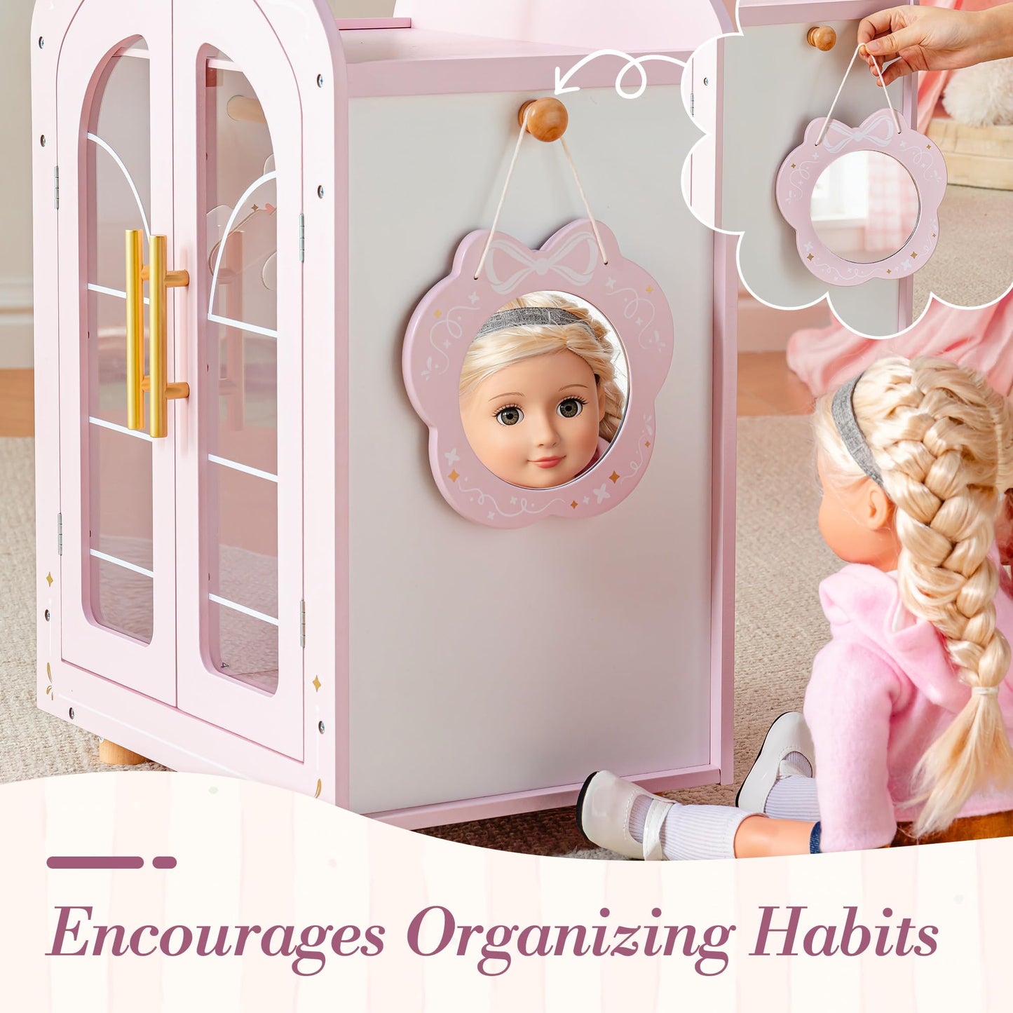 ROBOTIME 18 Inch Doll Closet, Wooden Doll Furniture Wardrobe with Mirror & Hangers, Pink Doll Clothes Storage Armoire, Doll Furniture for 18 Inch Dolls