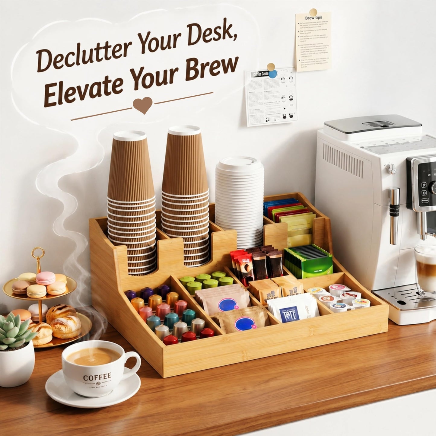 Mezchi 13-compartment Coffee Condiment Organizer, Bamboo Tea Station Organizer Caddy for Countertop, Coffee Bar Storage Accessories for Tea Bags, Cups, Pods, Creamer, Syrup