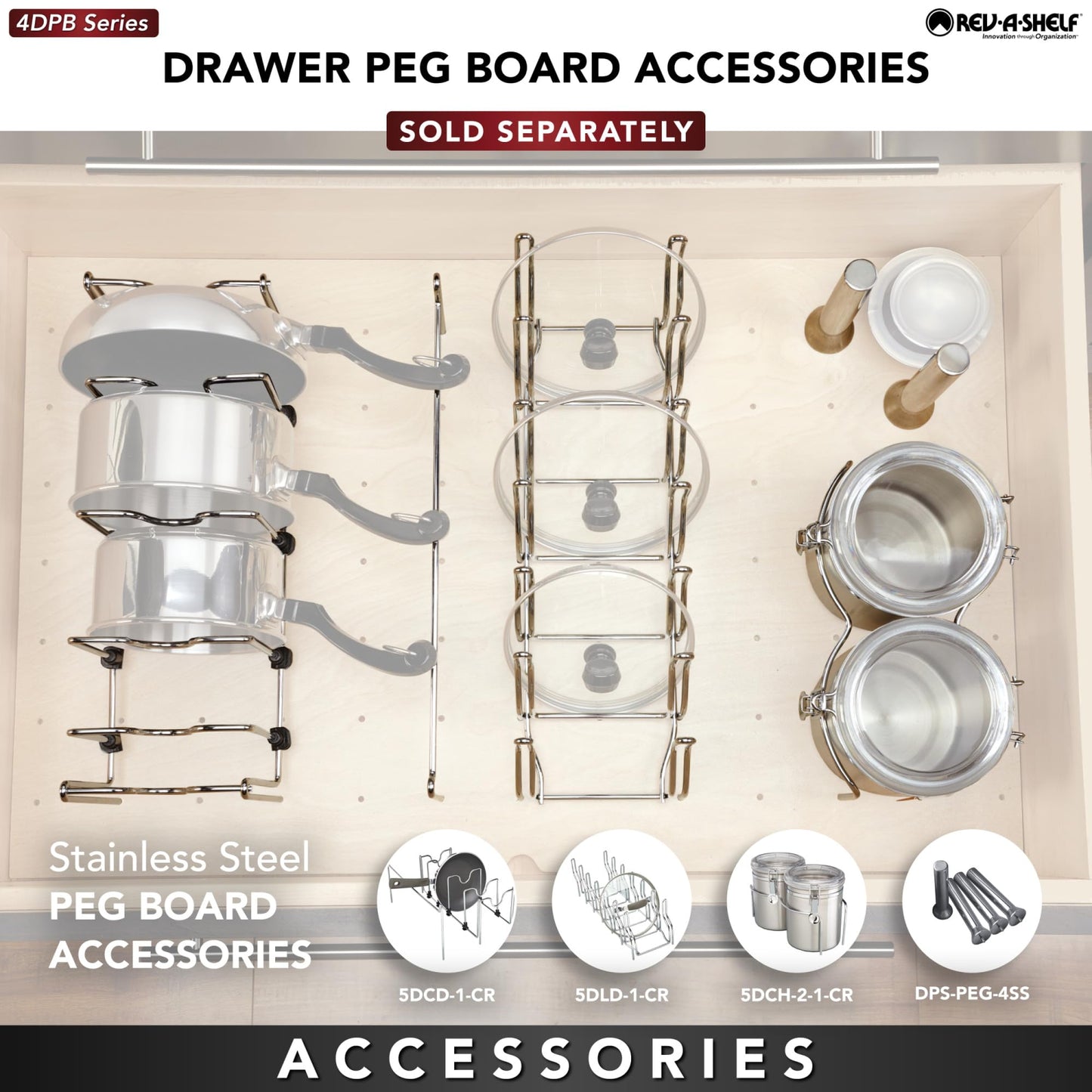 Rev-A-Shelf Pegboard Drawer Divider Organizer, Trim to Custom Fit Wooden Kitchen Cabinet Storage Utensil, Pots & Dish Rack, 39" x 21", 4DPS-3921