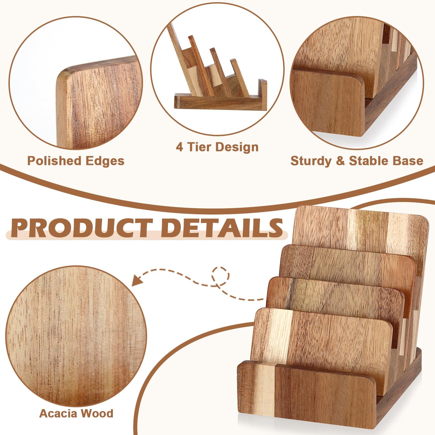 Acacia Wood Business Card Holder 4 Tier Multiple Business Card Display Stands Desktop Business Card Organizer 4 Slots Gift Card Rack Index Card Storage for Office Exhibition Meeting Home Men Women