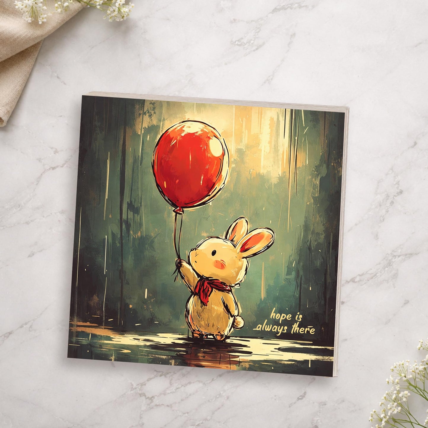 Cute Bunny Wooden Block Sign, Whimsical Balloon Rabbit Art Shelf Sitter, Nursery Kids Room Table Mantel Decor, Adorable Home Accent Gift