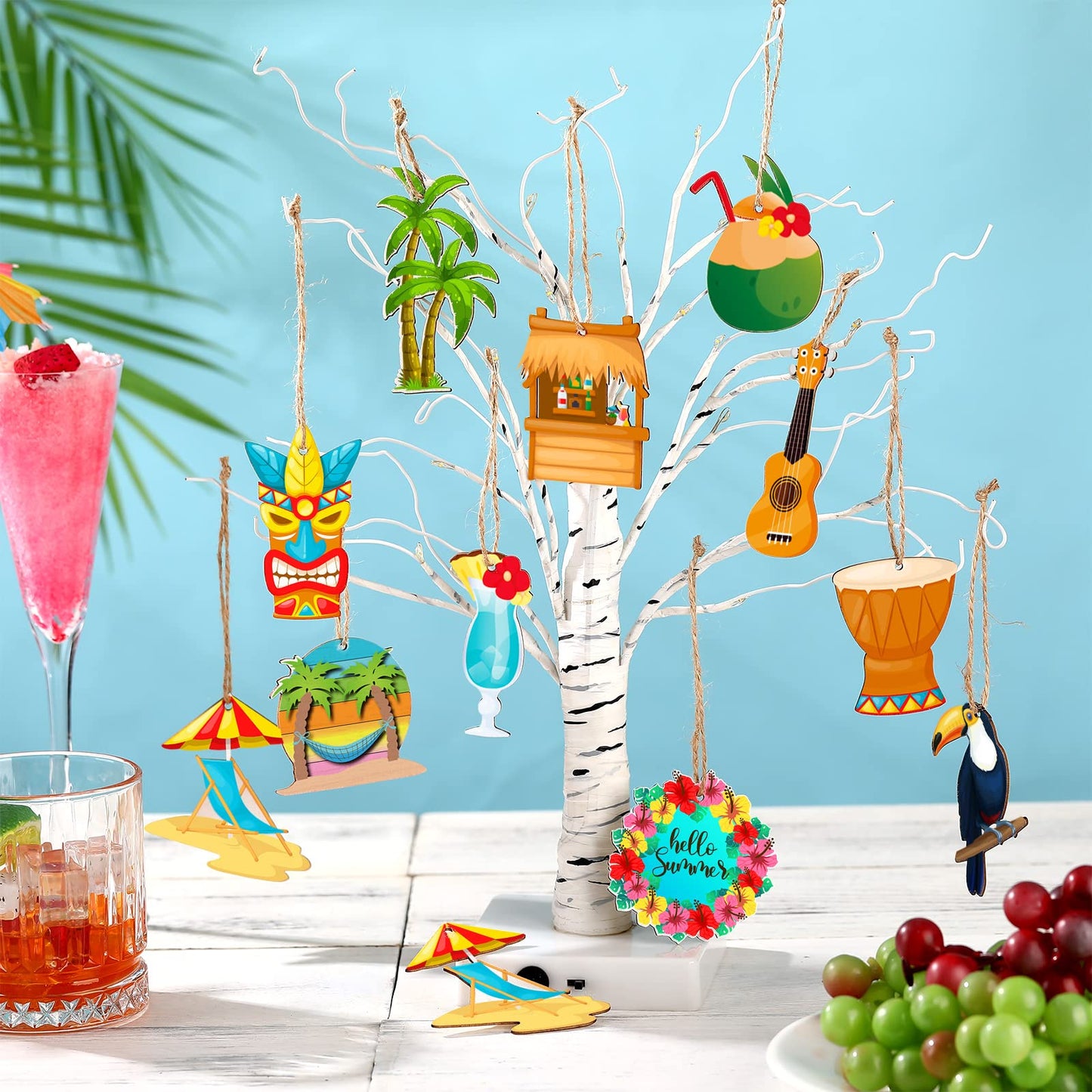 Geelin 36 Pcs Summer Wood Hanging Ornaments for Tree Christmas in July Mini Tree Decorations Hawaiian Beach Wooden Pendant Decorations with String for Luau Party Supplies(Aloha)