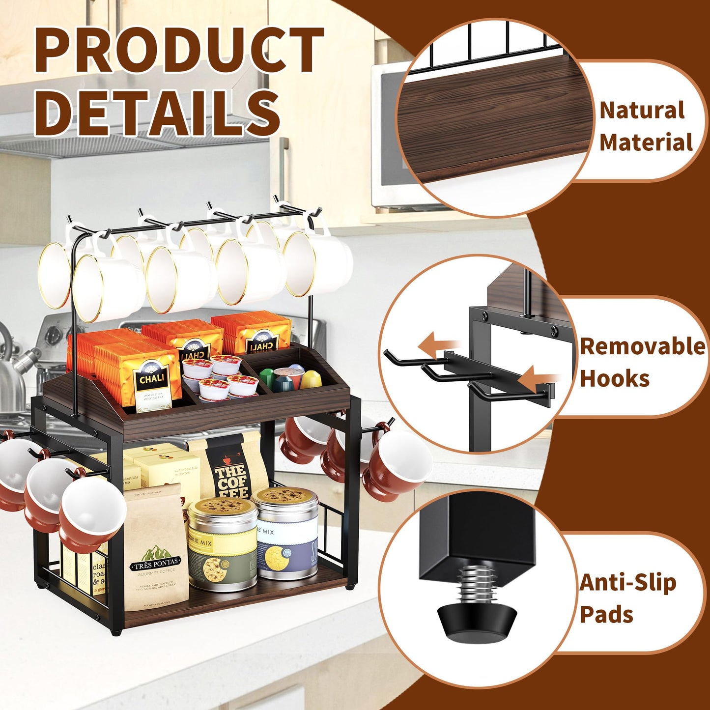 IUMLXJO 2 Tier Coffee Bar Accessories Organizer, Wooden Coffee Mug Rack Holder with 6 Cup Coffee Pod Box,14 Hooks, Metal Kitchen Shelf Organizer for Accessories Station Countertop