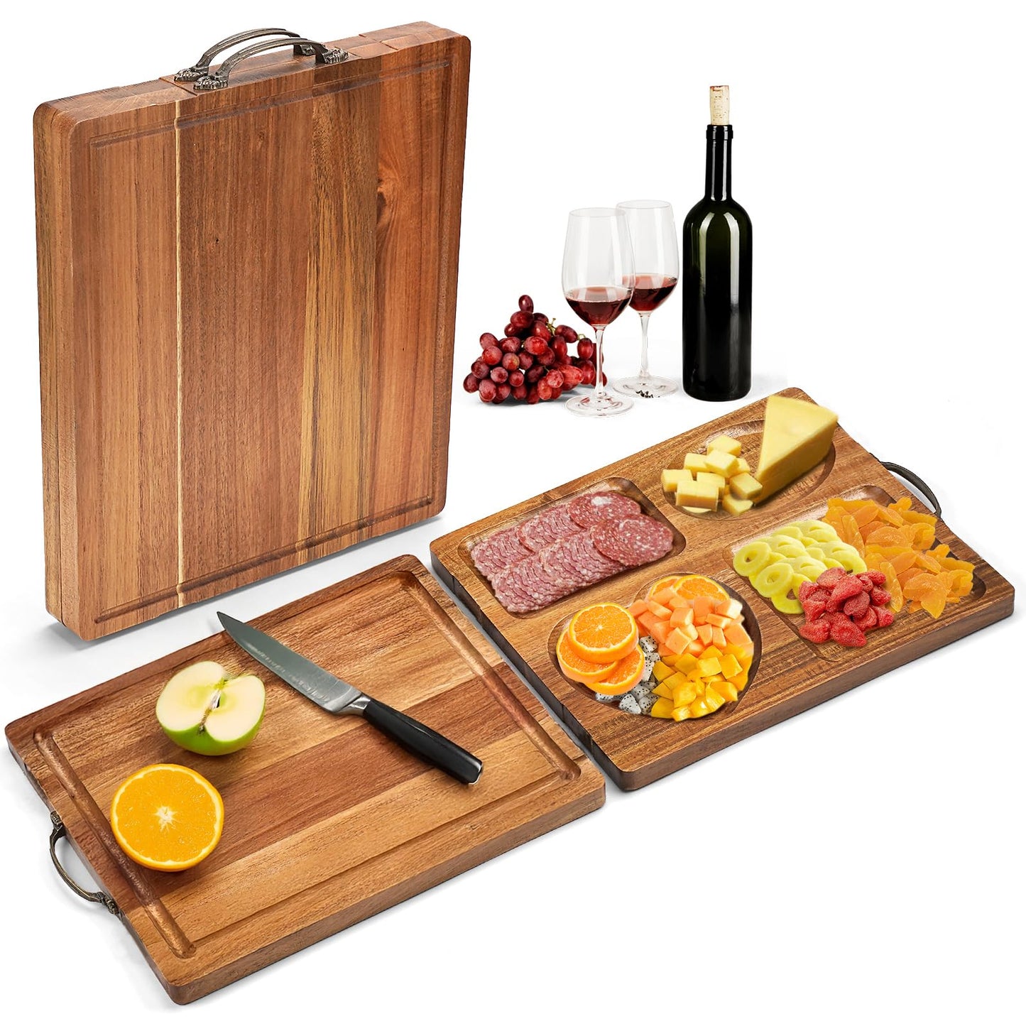 Acacia Wooden Cutting Boards for Kitchen, 2 in 1 Charcuterie Boards and Serving Tray with Compartments, Foldable Wood Cutting Board Camping Parties Housewarming Wedding Gift Serving Platters and Trays