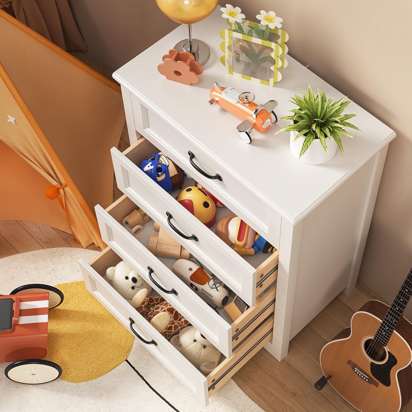 Gizoon Dresser for Bedroom with 4 Drawers Wooden Chest of Drawers for Closet Dresser Storage Unit Organizer for Hallway Living Room and Office, White, Painted