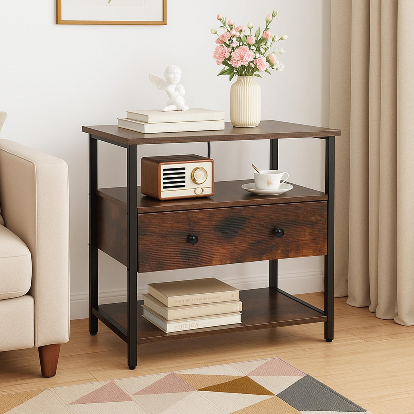 Edbuosy 27 Inch Wide Night Stand with Charging Station, Wood Nightstand with Open Shelf, Large Drawer Bedside Table for Living Room/Bedroom/Office, Retro Brown
