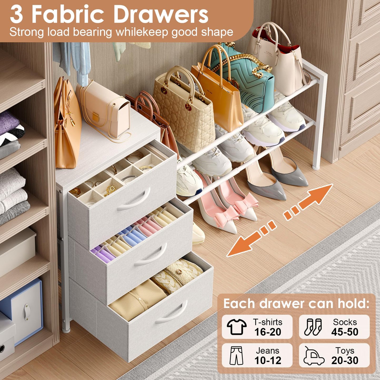 Cidaziya Expandable Closet Organizers and Storage, White Fabric Storage Dresser, 3 Drawer Dresser, Clothes Shelves for Kids, Purse Organizer Small Shoe Rack for Closet Bedroom(31.29~43.42 in)