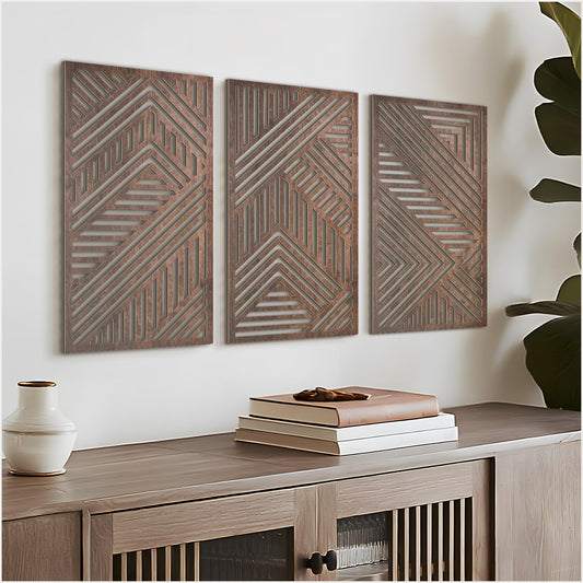 VIYYIEA Boho Solid Wood Carved Wall Art Set of 3, Geometric Minimalist Wooden Home Decor Panels, Handcrafted Solid Wood Wall Hanging for Living Room Bedroom Hallway, 16 x 8 Inch Each (Sunset Brown)