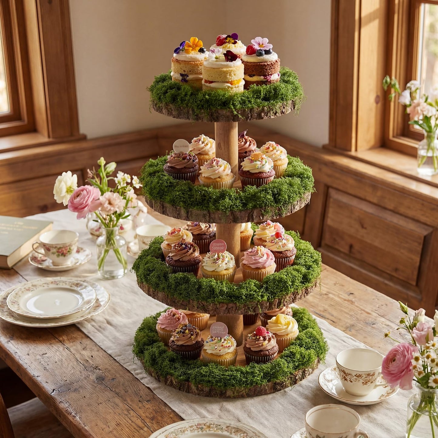 Wenqik 4 Tier Wooden Cupcake Stand Rustic 17 Inch Natural Wood Display Tower Stand with 7 oz Fake Green Faux Moss for Woodland Baby Shower Wedding Birthday Party Decor Garden Dessert Table Centerpiece