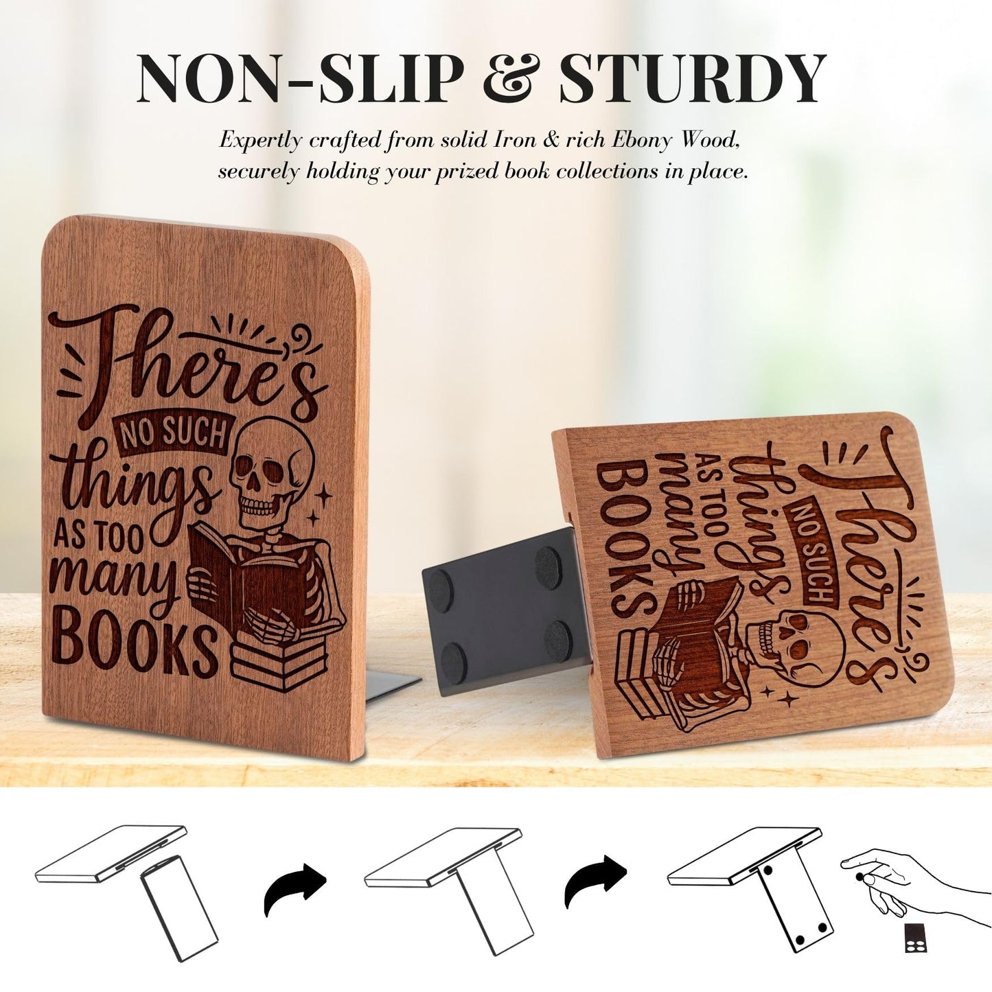 Book Lover Gifts for Women Men, Skull Bookends, Novelty Bookends Unique, Heavy Duty Wooden Book Ends for Shelves Decorative(1 Pair, 4.72x6.69 Inches) - NoSuch