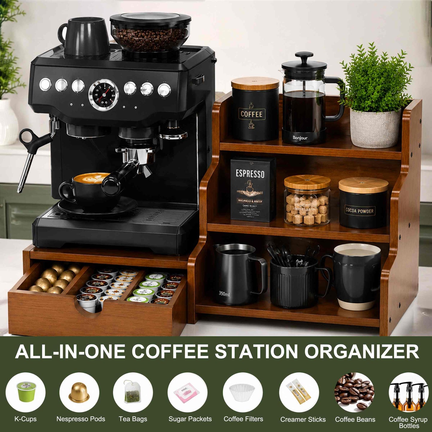Coffee Station Organizer with K Cup Holder Drawer for Countertop, Coffee Tea Bar Accessories Office Corner Stand Station, 28 Pods Holder Drawer 3-Tier Trapezoidal Wooden Syrup Organizer Rack