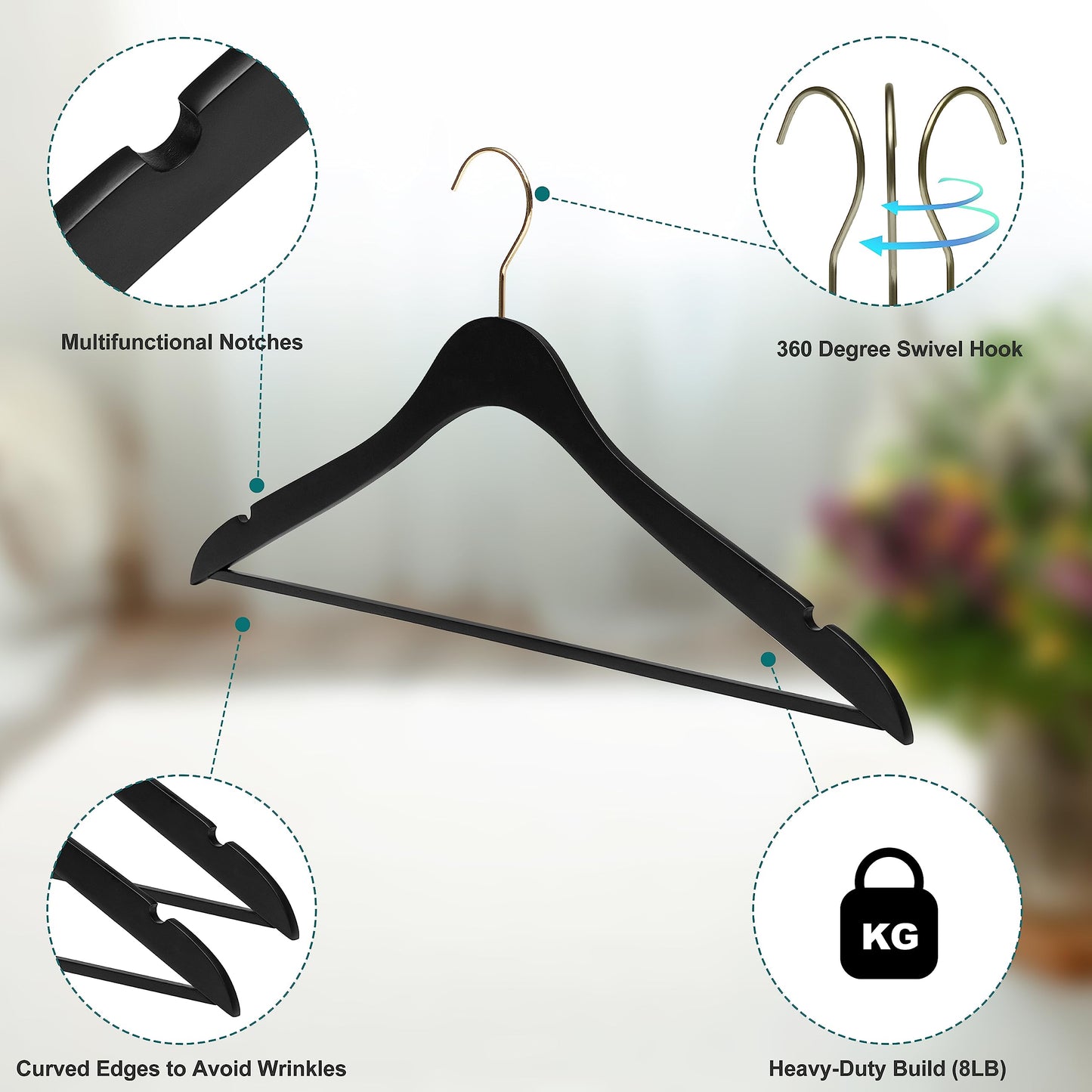 20 Luxury 16.5" Ultra Thin Space Saving Black Wooden Hangers, 360 Degree Swivel Hook, Best for Suit, Coat, Shirts, Blouses, Pant, Dress Hangers Black with Gold Hook