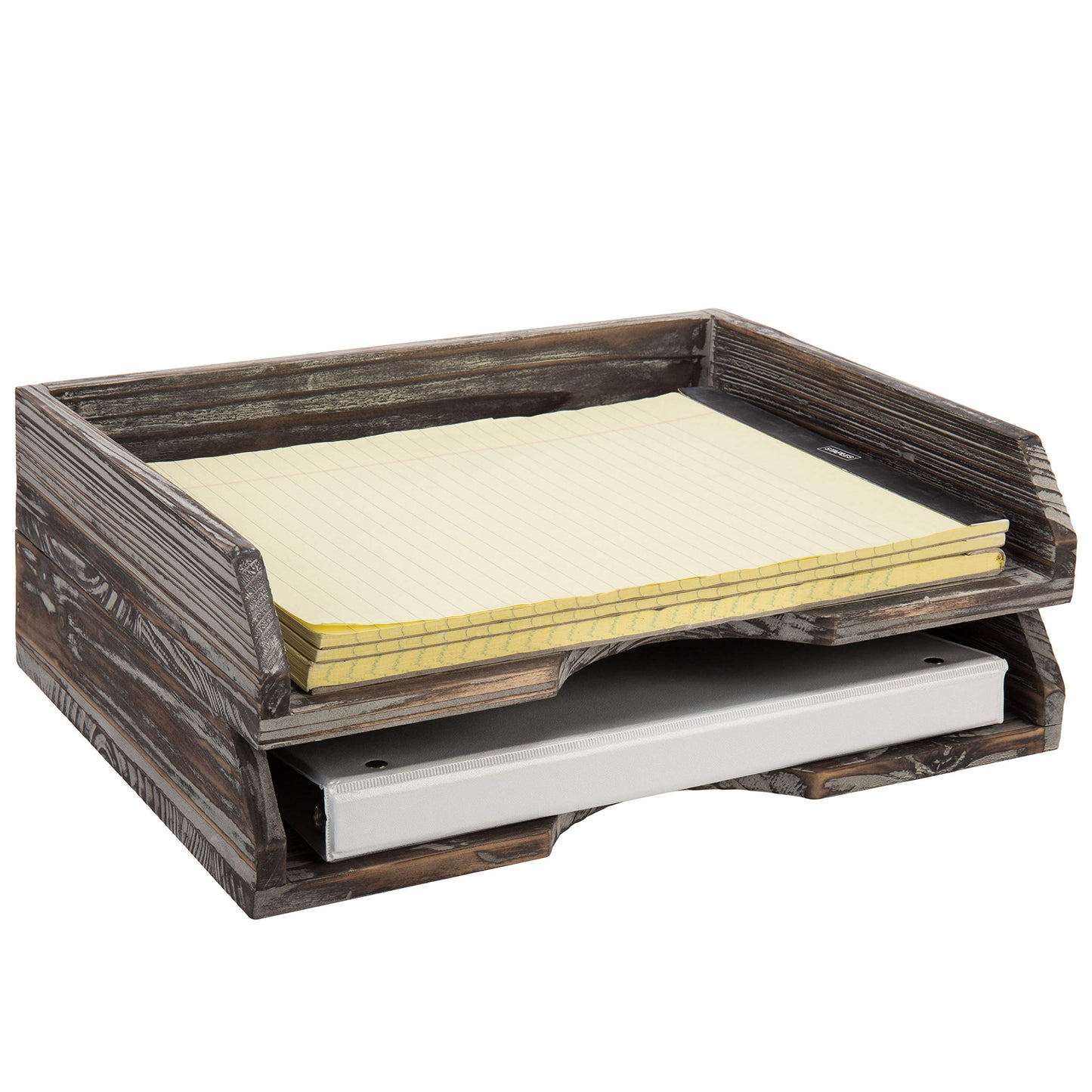 MyGift Set of 2 Torched Wood Stacking Desk Paper Tray, Office Desktop Stackable Document File Folder and Mail Holder Organizer Tray