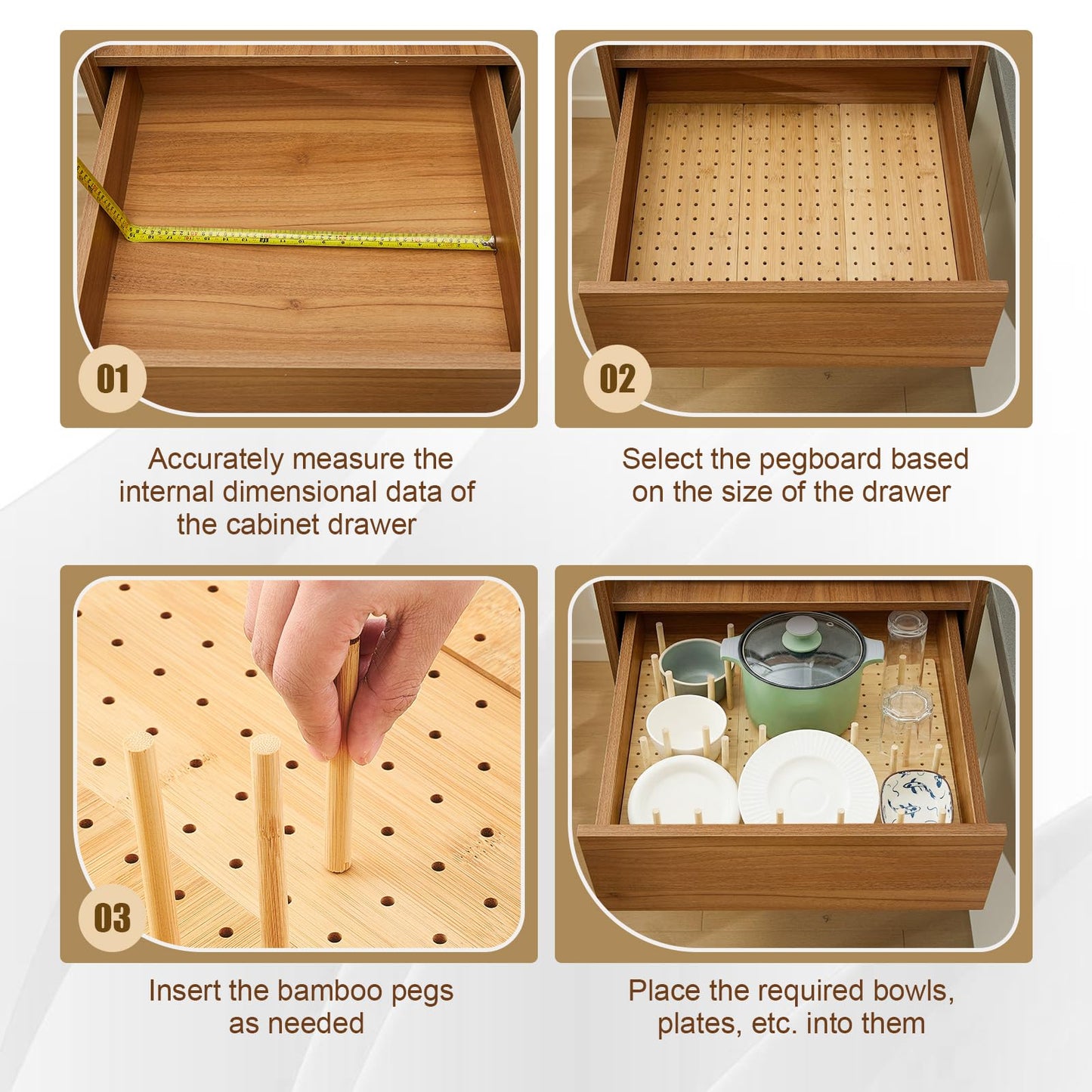 Kigley 6 Pcs Wood Pegboard Drawer Organizer with 48 Pegs Wooden Peg Board System Peg Drawer Organizers for Kitchen Dishes Plate Pegboard Food Containers(Wood Color,17x5.91,Bamboo)