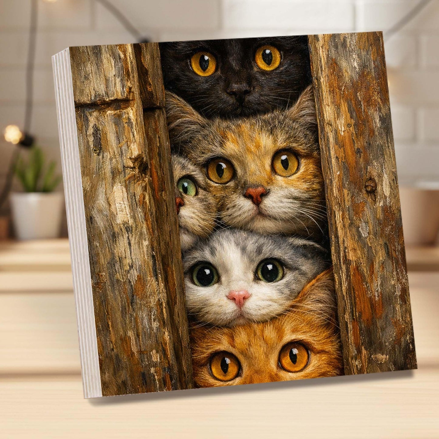 Curious Cats Wooden Block Sign, Cute Cat Art Wood Decor, Playful Animal Shelf Sitter Home Table Mantel Tiered Tray Accent, Unique Gift for Cat Lovers