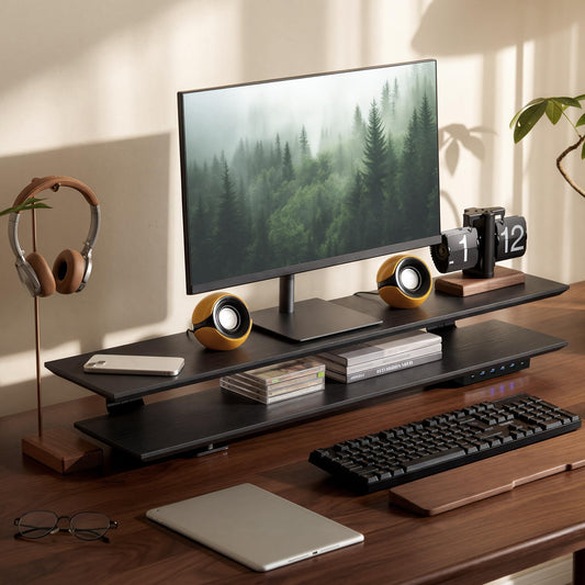 Furnny 2-Tier Dual Monitor Riser with 6-Port Hub – 39.4" Extra Wide Solid Wood Plywood Desk Stand for Dual Monitors, 30w Fast Charging USB C/A Ports, Heavy Duty Desk Organizer, Black Wood Grain Finish