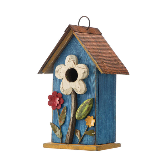 Glitzhome Vintage Birdhouse with 3D Flowers - Solid Wood Bird Feeder in Washed Blue Weatherproof Rustic Decor for Patio/Balcony - Ready-to-Hang (10.25")