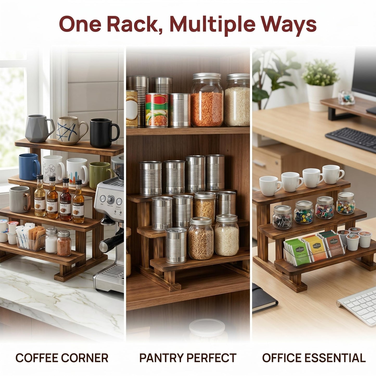 Ajerg 2 Pack 3 Tier Coffee Mug Display Shelf, Wooden Coffee Mug Holder Organizer for Countertop, Mug Storage Shelf for Coffee Station, Kitchen Cabinet, Pantry & Counter Display Rack