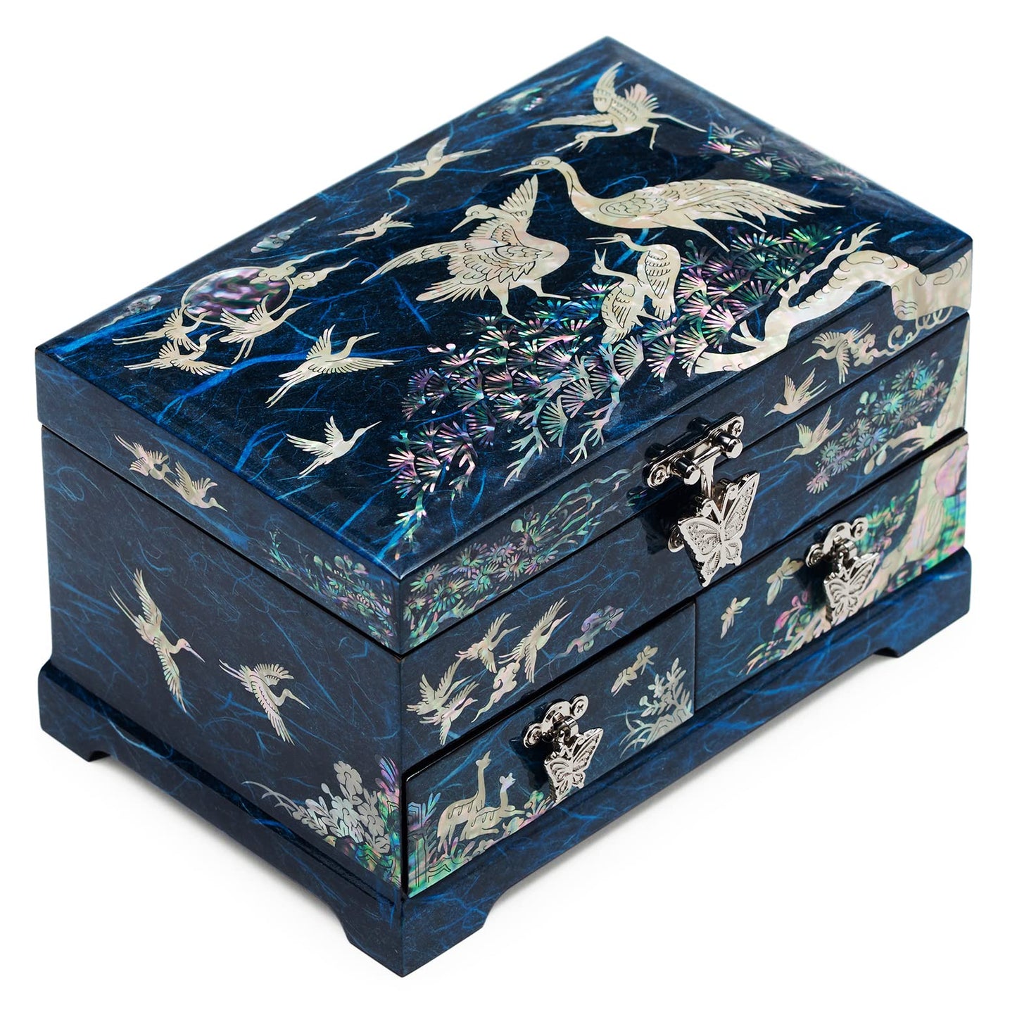 MADDesign Mother of Pearl Lacquered Jewelry Box Two Level Cranes Blue