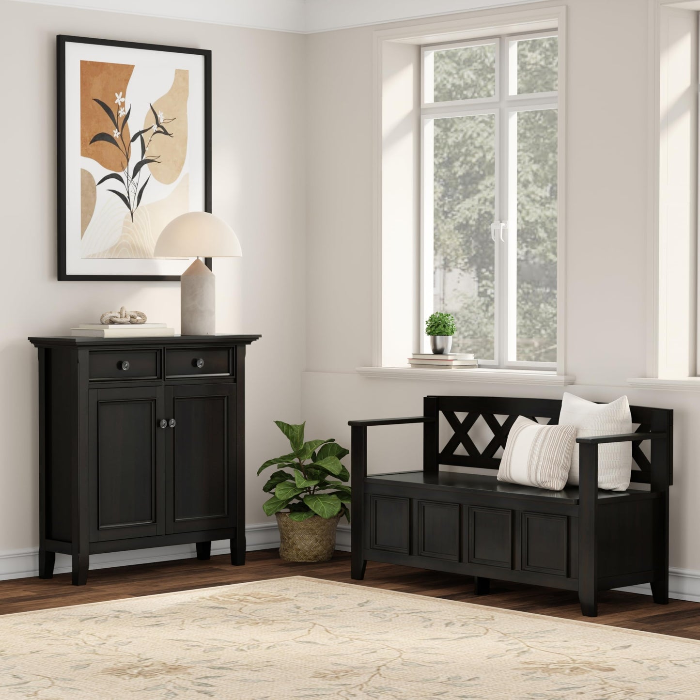 SIMPLIHOME Amherst Solid Wood 48 inch Wide Storage Bench that Seats 2 and 36 inch Wide Storage Cabinet in Hickory Brown for the Living Room, Entryway, and Family Room, Transitional Style