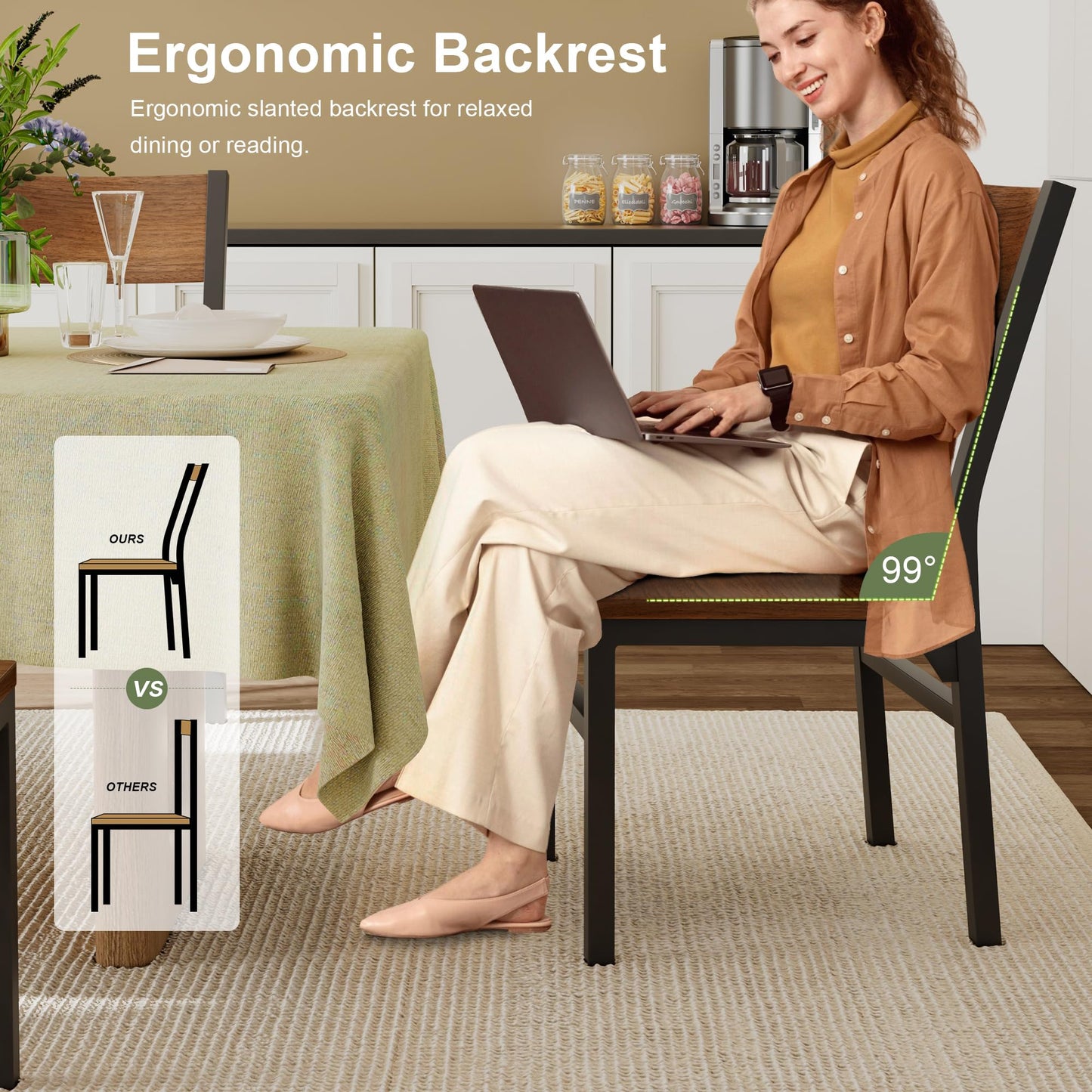 Feonase Dining Chairs Set of 6, Modern Kitchen Chairs with Ergonomic Backrest, MDF Board and Metal Legs, Dinner Chairs for Dining Room, Kitchen and Living Room, Walnut