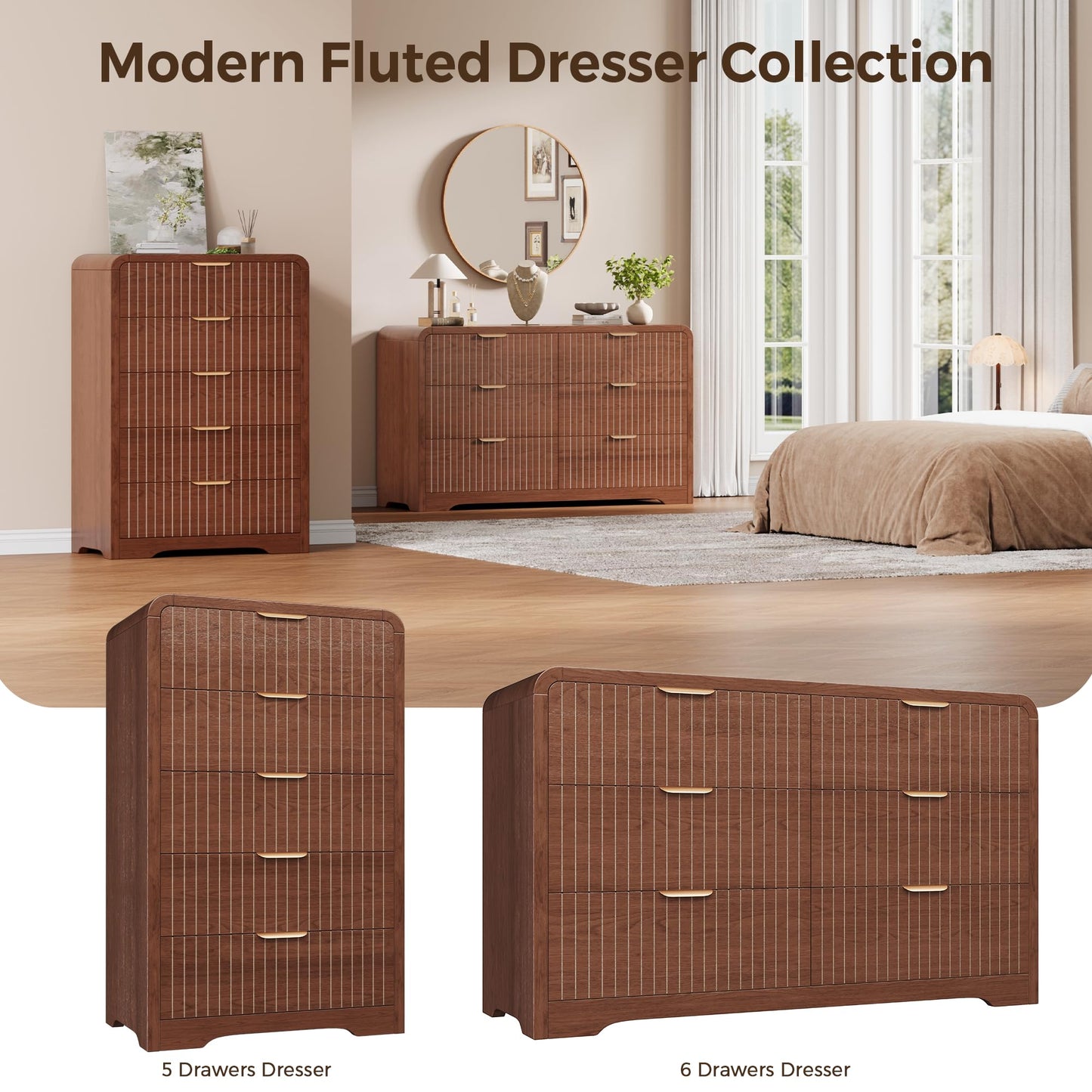 Jocoevol Fluted 5 Drawer Dresser, 43" Tall Dresser Chest of Drawers Curved Profile Design, Wood Mid Century Vertical Dresser Natural Texture for Bedroom, Walnut Dresser