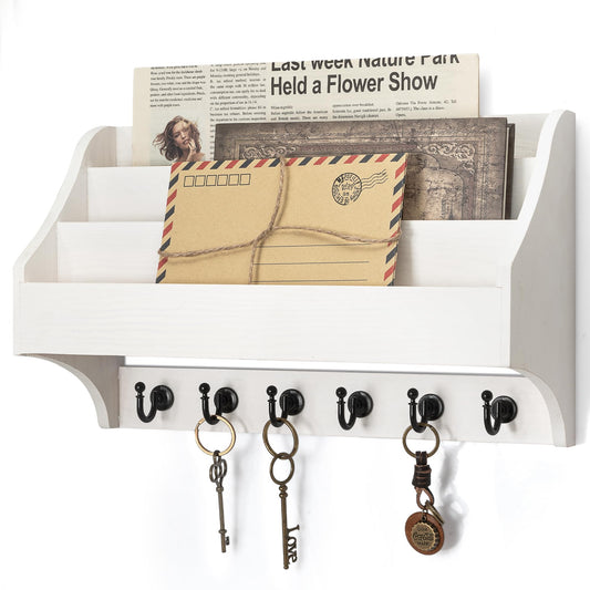 Rebee Vision Pine Wood Key Holder Wall Mount - Rustic Mail Holder for Wall with Key Hooks & 3-Tire Letter Slots - Multifunctional Key Holder on Wall for Entryway Storage (White)