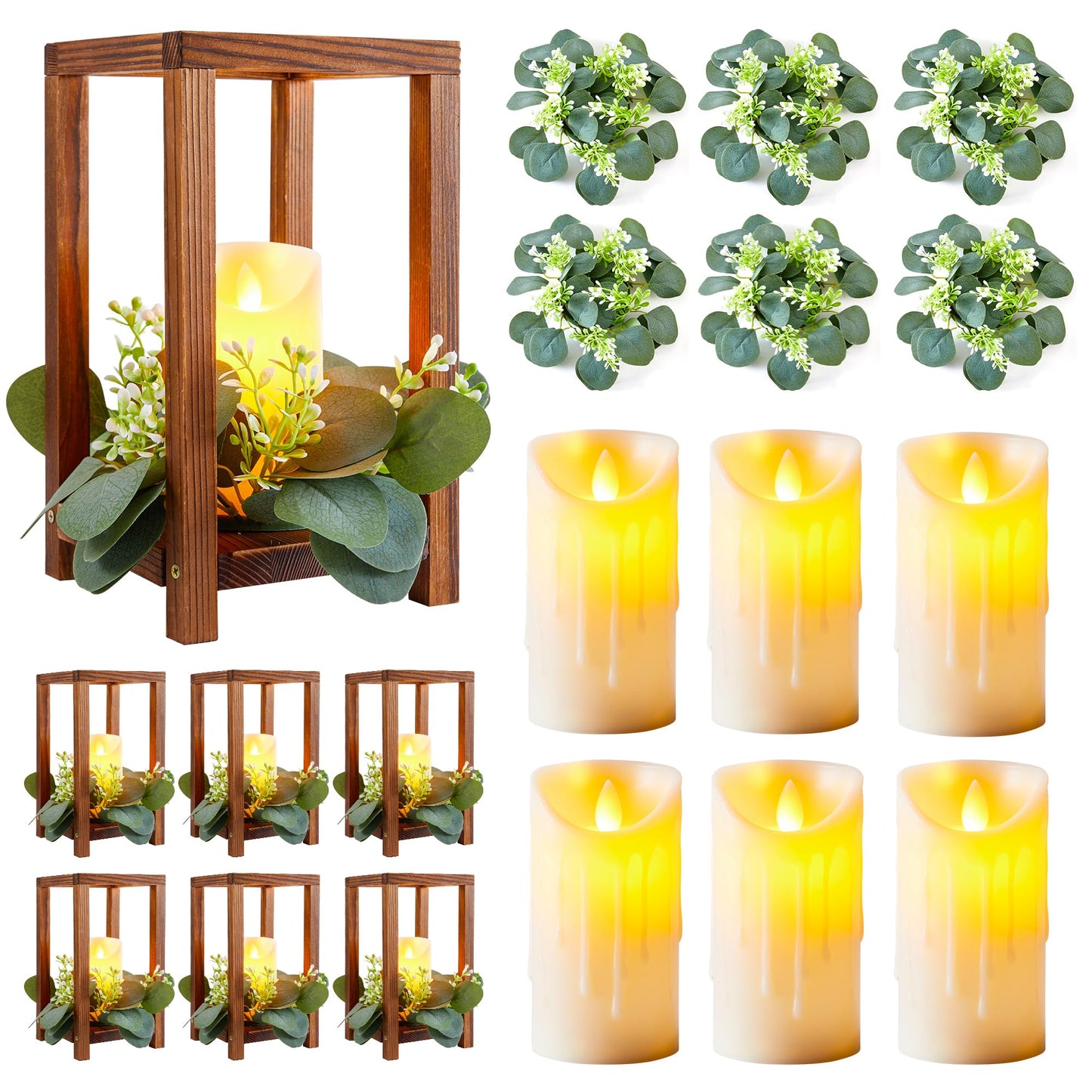 Neoflavie 6 Set/18 Pcs Wooden Wedding Lantern Centerpiece Include 6 Wooden Lantern Candle Holder 6 Flameless LED Candle 6 Eucalyptus Leaves Wreath for Centerpieces Wedding Table Party Farmhouse Decor
