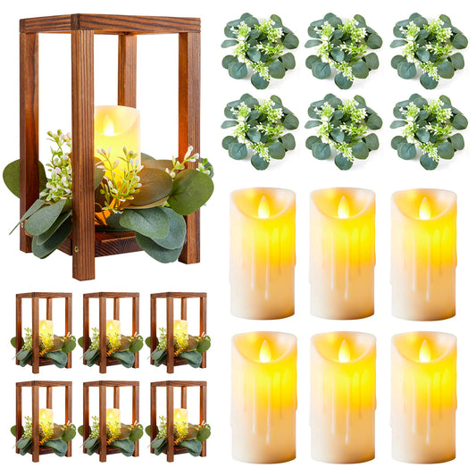 Neoflavie 6 Set/18 Pcs Wooden Wedding Lantern Centerpiece Include 6 Wooden Lantern Candle Holder 6 Flameless LED Candle 6 Eucalyptus Leaves Wreath for Centerpieces Wedding Table Party Farmhouse Decor