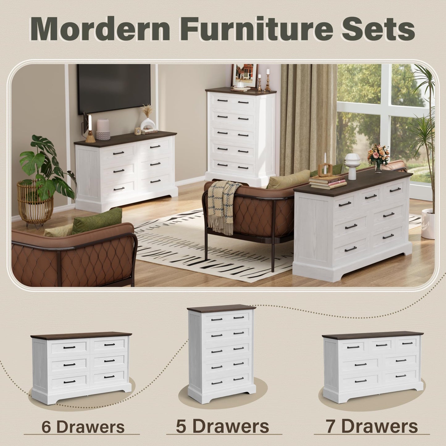 YESHOMY Dresser for Bedroom, Farmhouse 7 Drawers Dresser, Chest of Drawer Chest, Multi-Tier Clothing Storage Cabinet, White and Brown