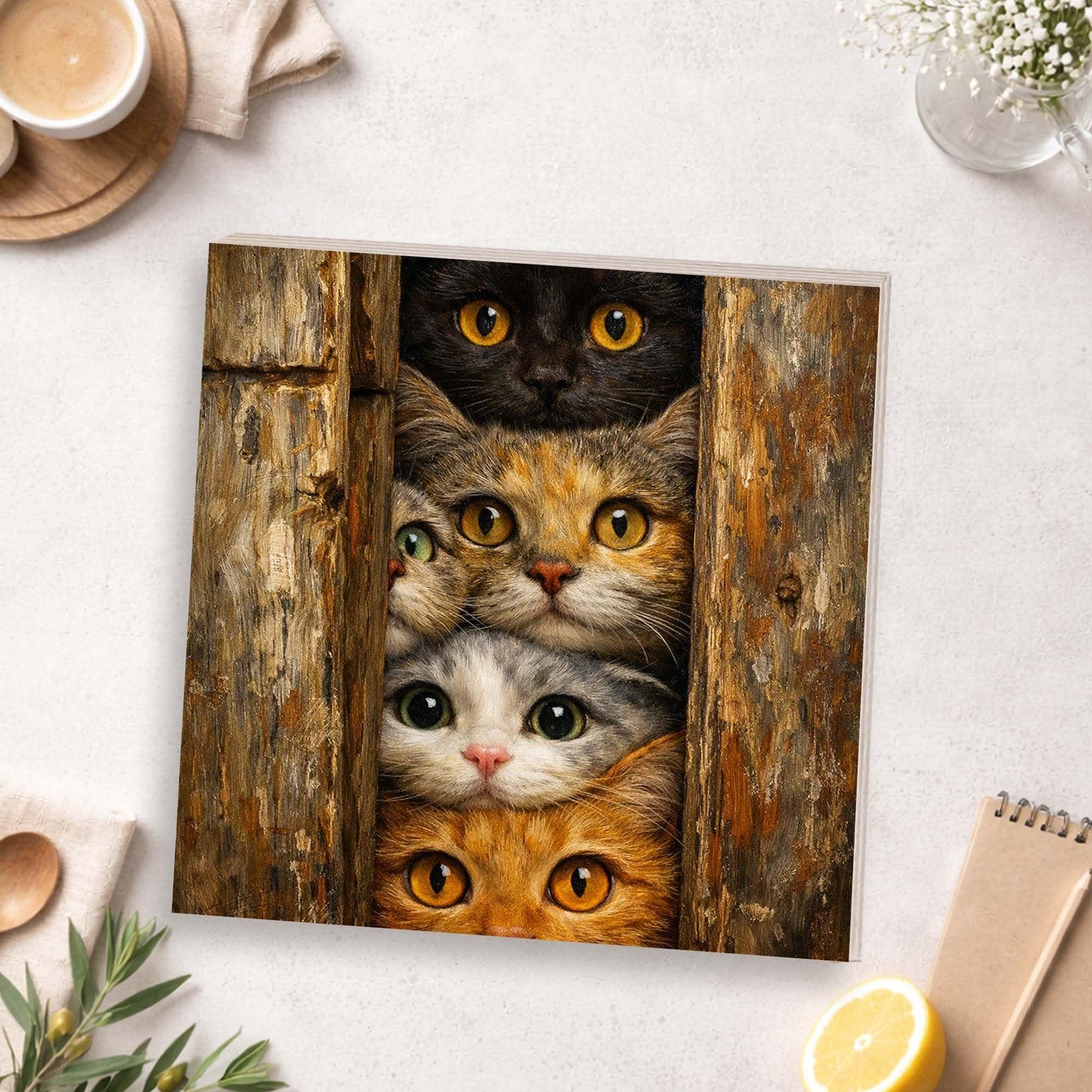 Curious Cats Wooden Block Sign, Cute Cat Art Wood Decor, Playful Animal Shelf Sitter Home Table Mantel Tiered Tray Accent, Unique Gift for Cat Lovers