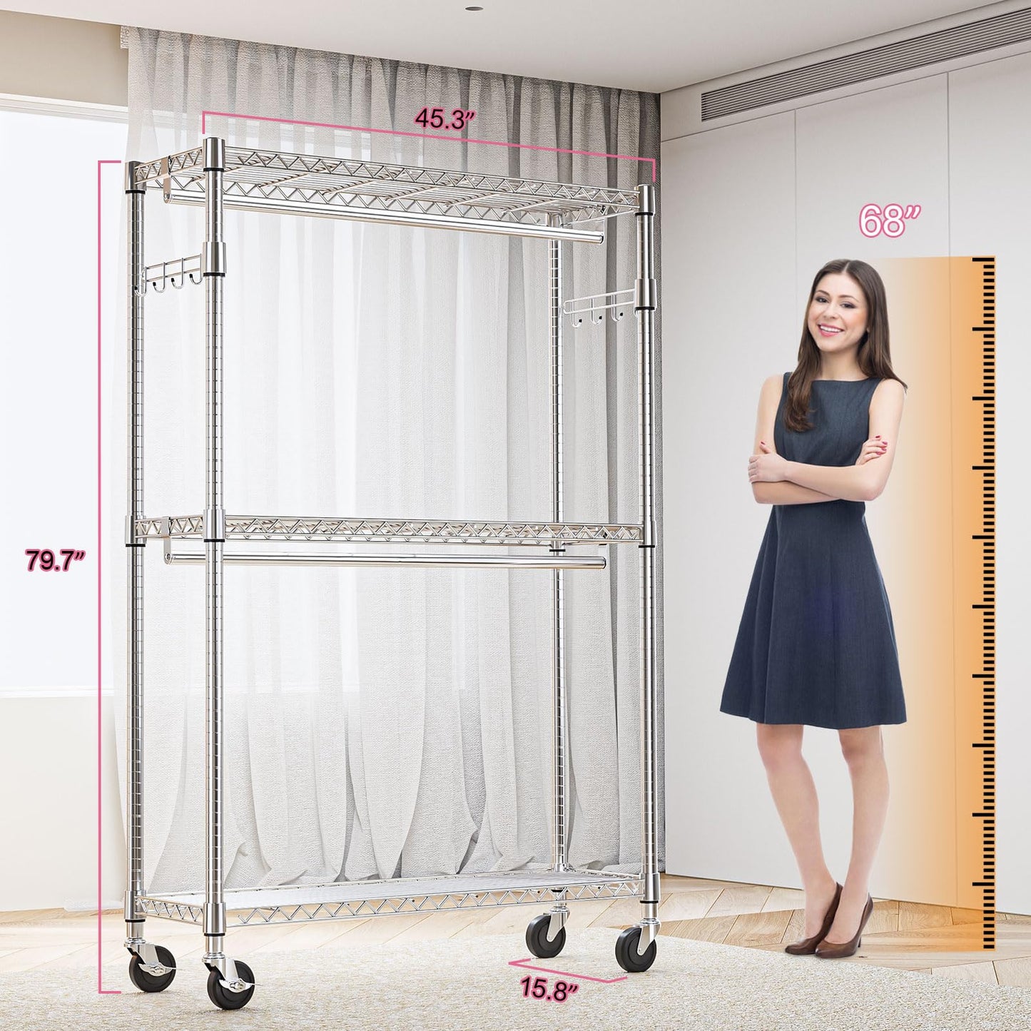 M MZG Heavy Duty Rolling Garment Rack 3 Tiers Adjustable Wire Shelving Clothes Rack with 2 Rods and Side Hooks,Storage Closet Clothing Rack with Wheels Chrome 15.7" D x 45.3" W x 79.6" H