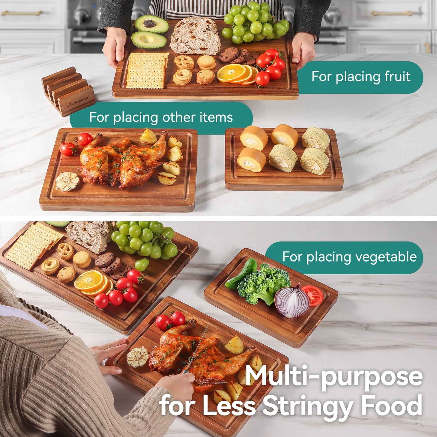 LAZIOPATER Wood Cutting Board Set, 3-Piece Rectangular Boards for Kitchen, 18x12x0.75 Inches, Hand Wash Only (Acacia Wood)