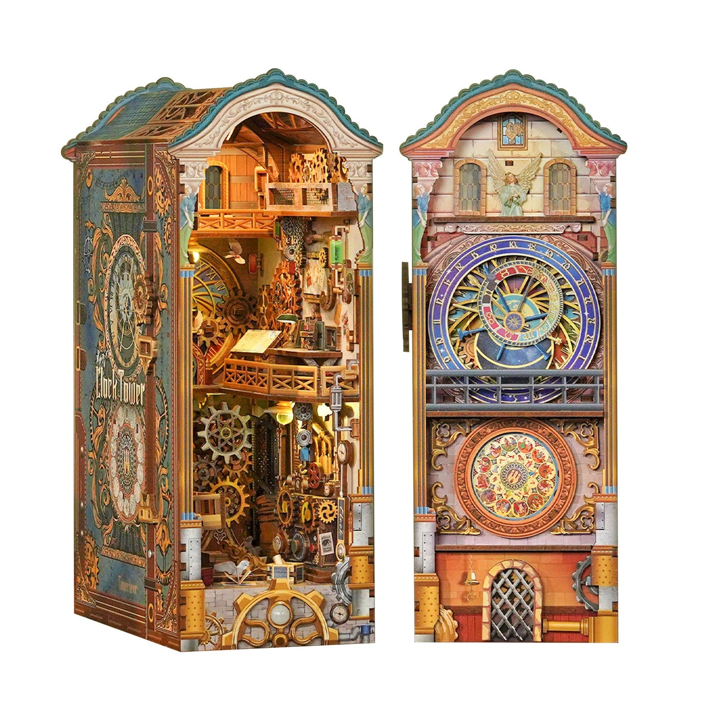 Tonecheer DIY Book Nook Kit for Adults, 3D Wooden Puzzle Bookend Miniature House Kit, Booknook Bookshelf Insert Decor with Dust Cover and LED Lights Gifts (Clock Tower)