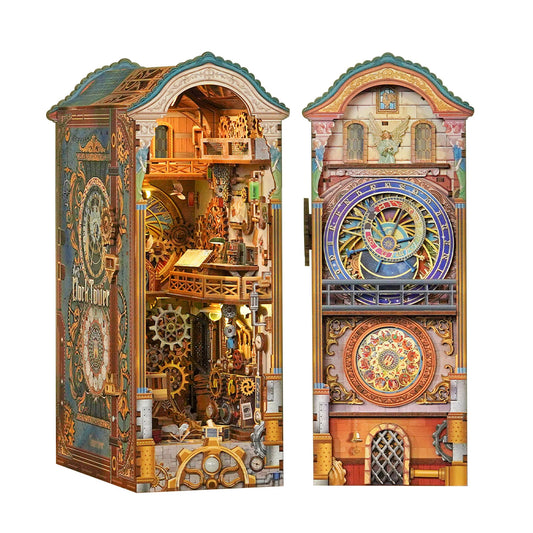 Tonecheer DIY Book Nook Kit for Adults, 3D Wooden Puzzle Bookend Miniature House Kit, Booknook Bookshelf Insert Decor with Dust Cover and LED Lights Gifts (Clock Tower)