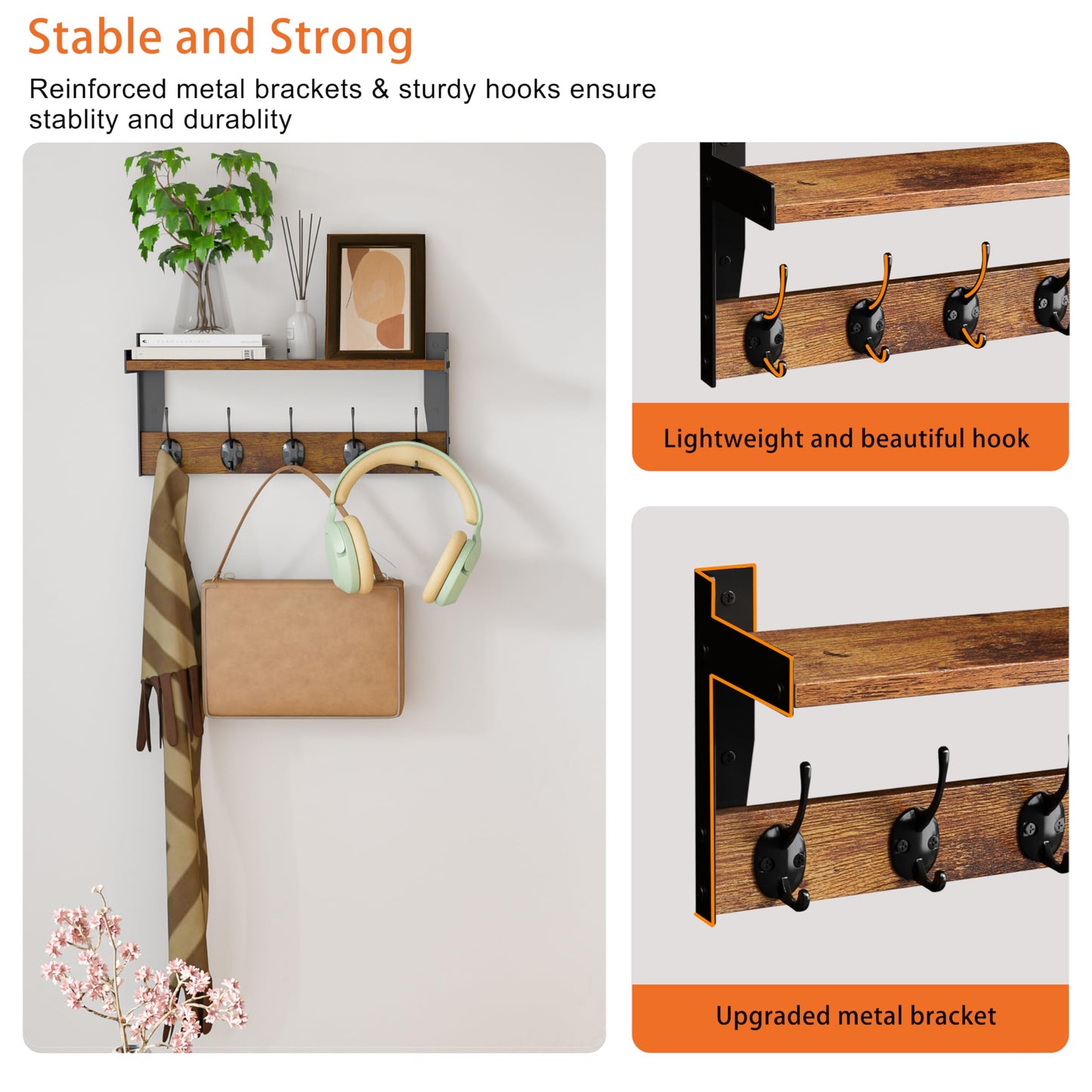 FNBAR Wall Hooks with Shelf, Wood Coat Rack with Shelf Wall-Mounted, Entryway Hanging Shelves with 5 Metal Hooks for Clothes Hats Towel Purse Robes, Bathroom Mudroom Bedroom, Rustic Brown