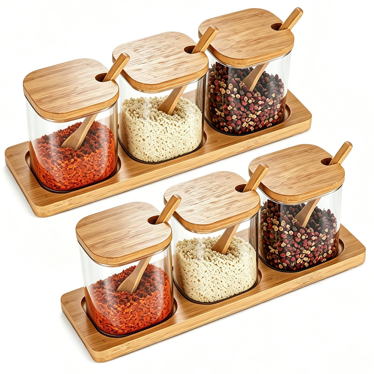 Garkup Bamboo Spice Jar Set with Wooden Lids and Spoons, Glass Condiment Containers with Serving Tray, Kitchen Storage Organizer for Seasonings, 3-Piece (Light Brown, 6P Middle)