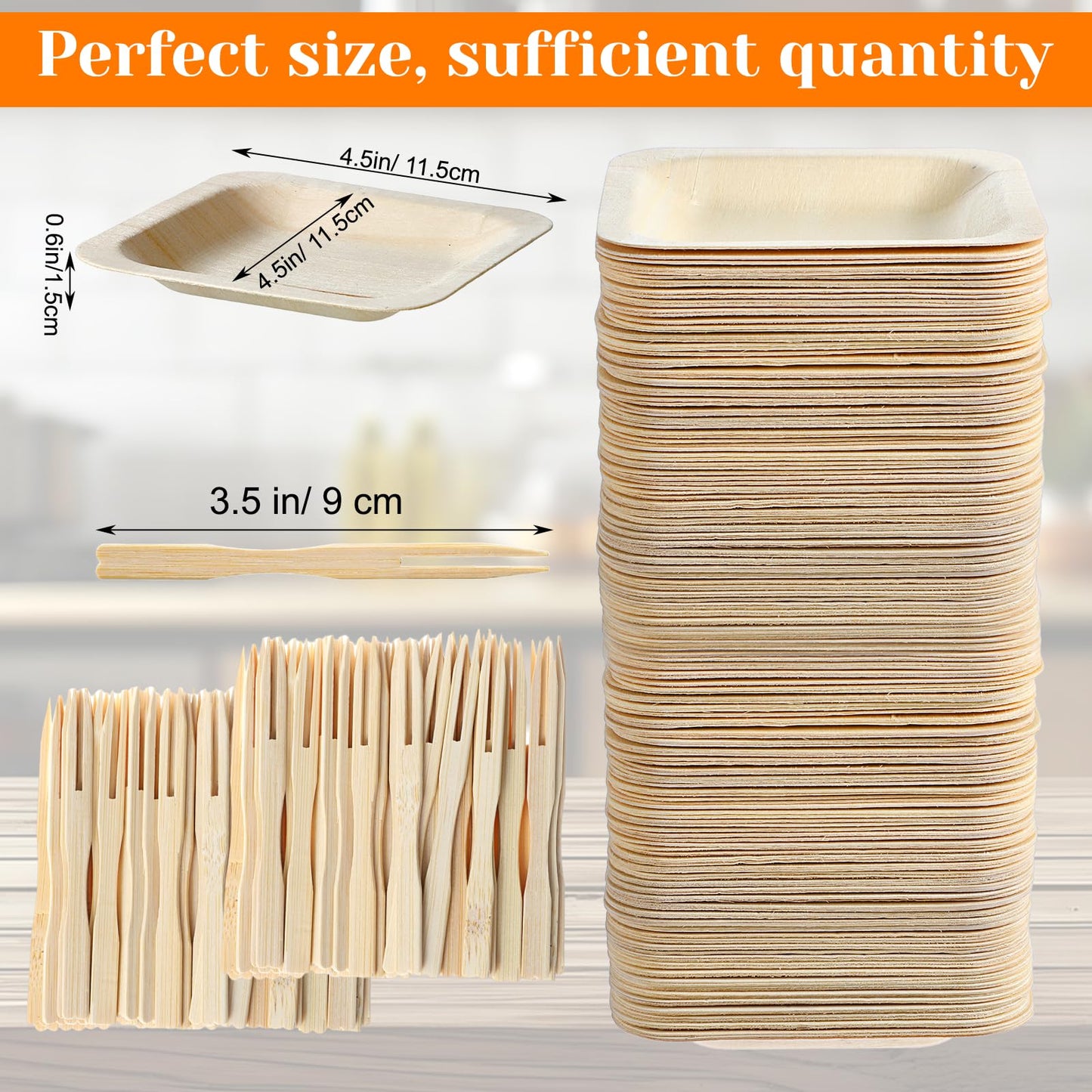 Hpmjz 300Pcs Disposable Square Bowls & Forks Set 4.5 × 4.5 Inch 100Pcs Bamboo Disposable Plates & 200pcs Forks Square Wood Plates for Birthday Party Wedding Events Appetizer Dessert Catering Home Use