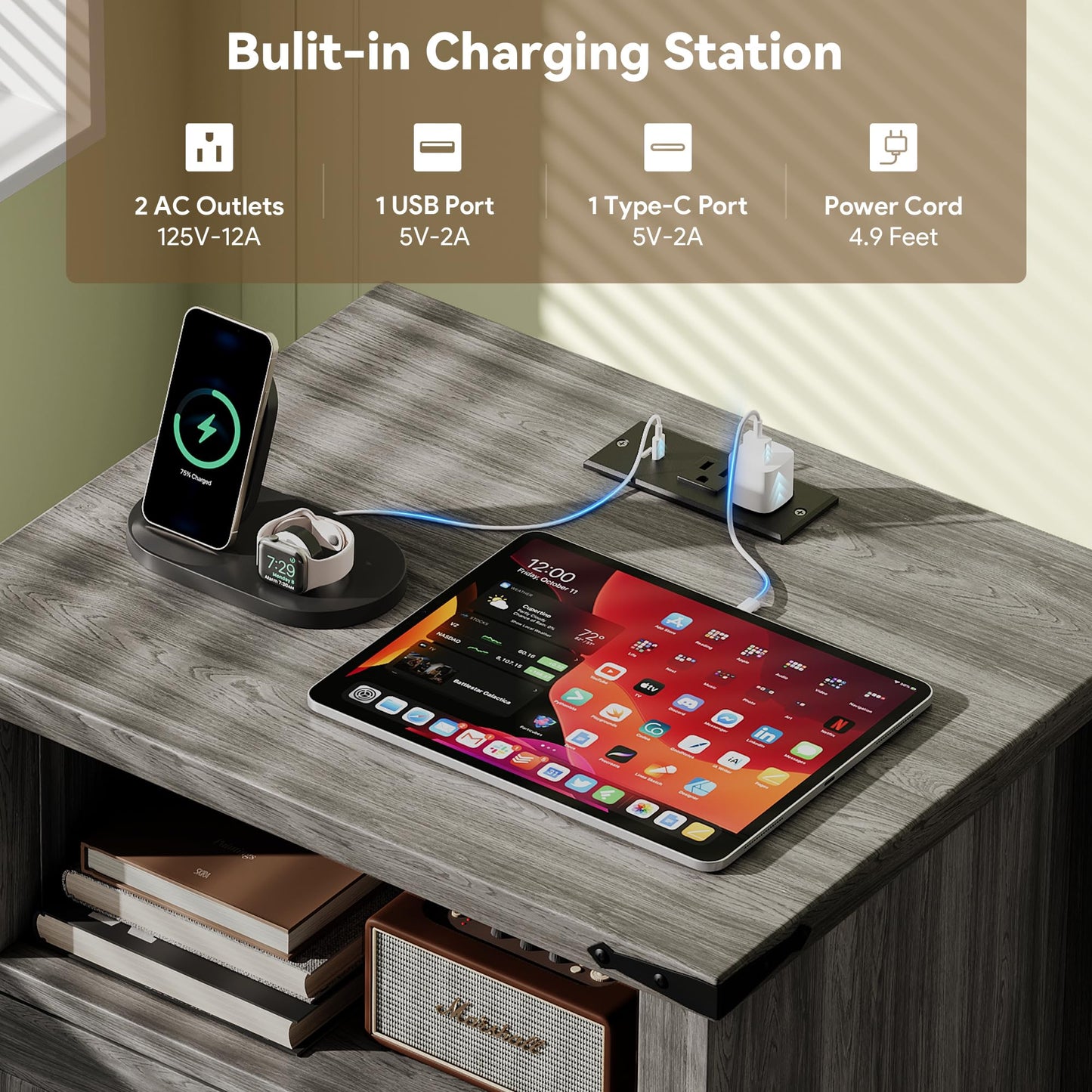 Decofy Farmhouse Nightstand Set of 2 with Charging Station, 18'' Wide Rustic End Table with USB/Type-C Ports, 2 Drawers & Open Shelf, Wood Bedside Table for Bedroom, Grey Oak